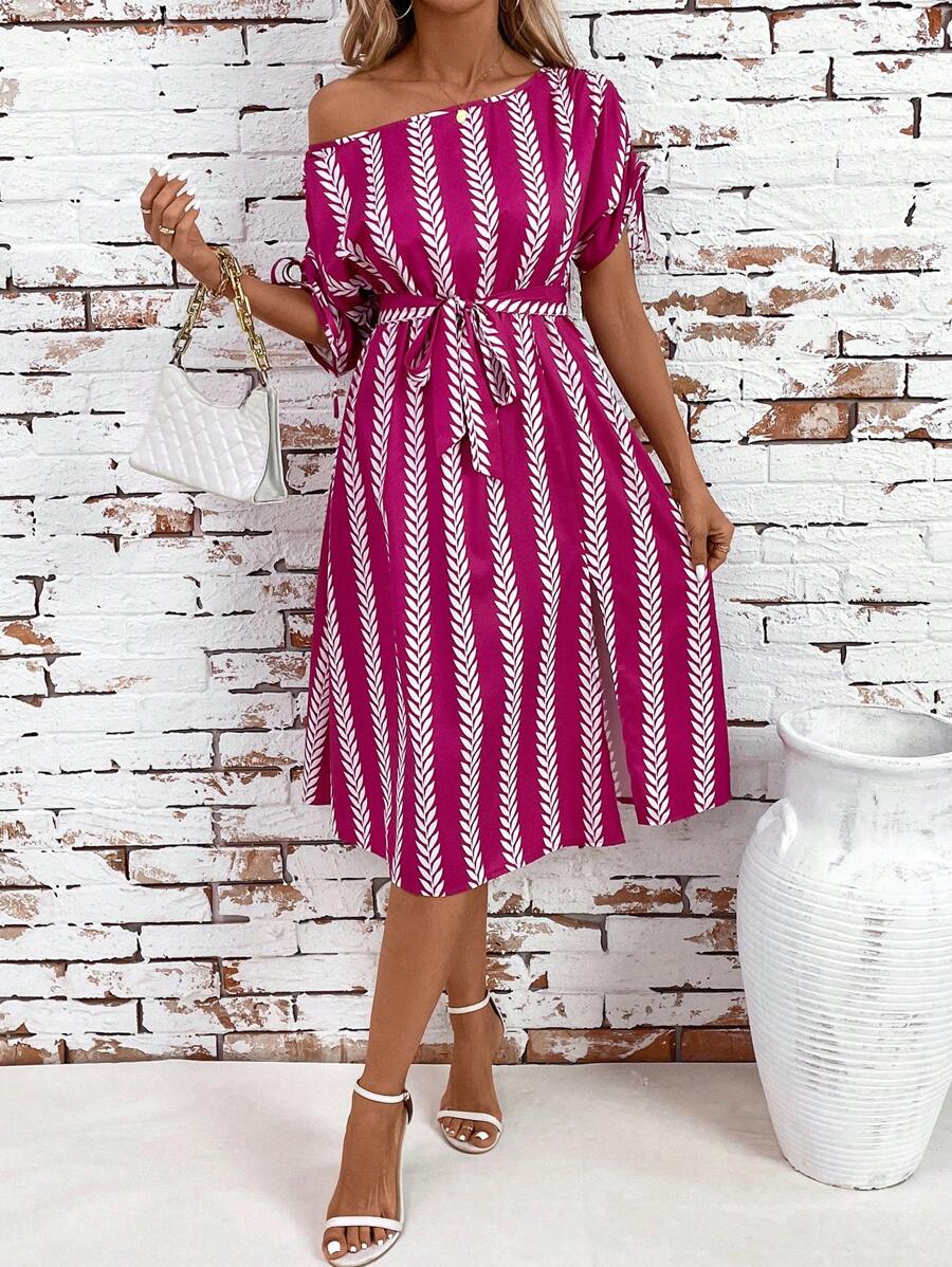 SHEIN Clasi Vestido midi estampado de cuello asimétrico para vacaciones