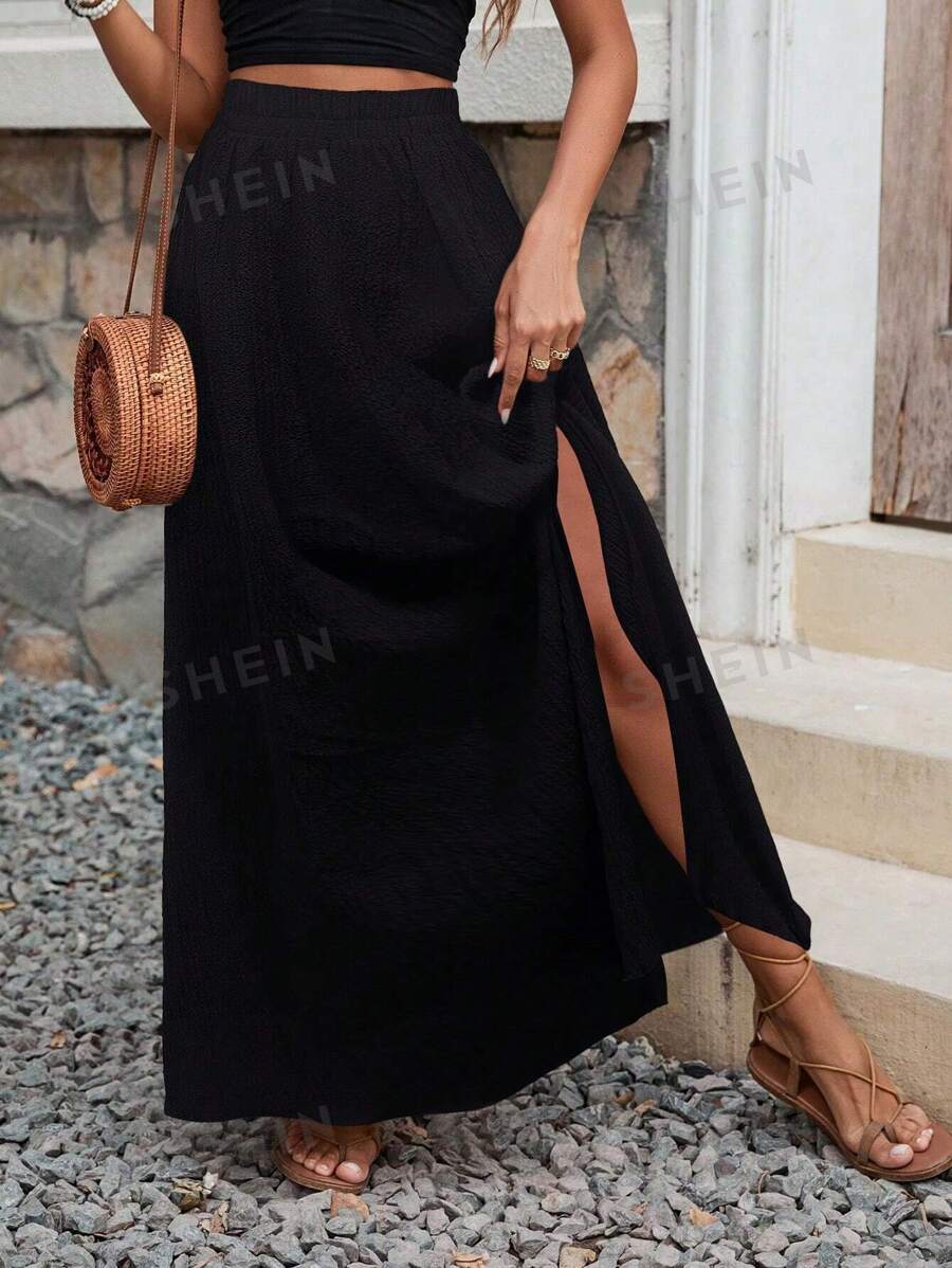 Breezaya Falda holgada de unicolor con abertura casual de vacaciones para mujer, falda larga bohemia con abertura alta en el muslo de cintura alta en color negro liso, faldas para mujer, primavera/otoño, uso casual diario, outfit para vacaciones y playa