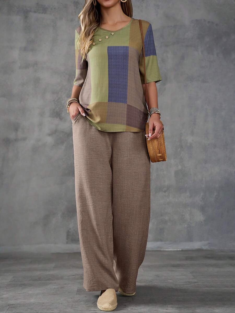 EMERY ROSE 2 stuks/set dames zomer contrasterende kleur knoopontwerp ronde hals mouwloze top en shorts casual outfit