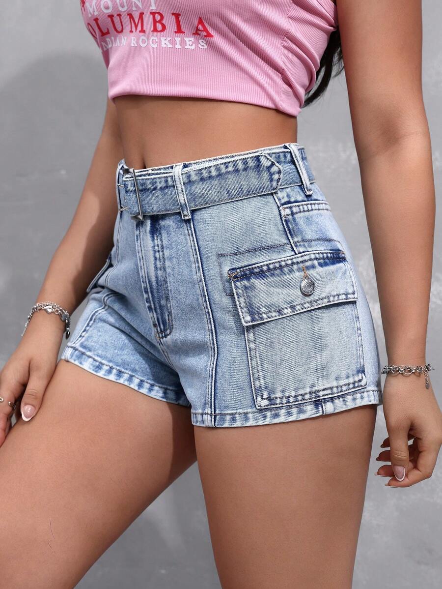 SHEIN EZwear Women's Slim Fit Mini Denim Shorts With Cargo Pockets, Summer