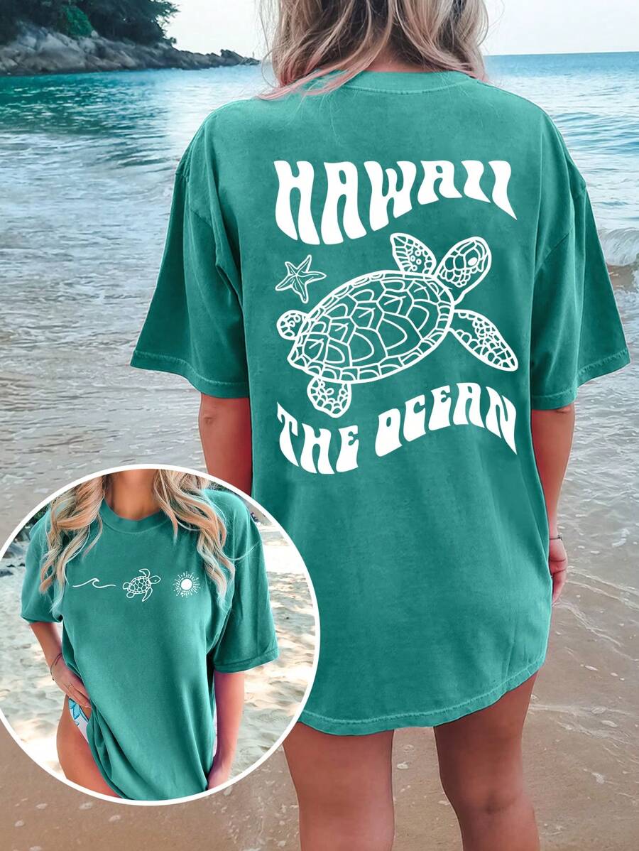 INAWLY Camiseta casual de mujer de manga corta con cuello redondo con estampado de tortuga y letras para el verano