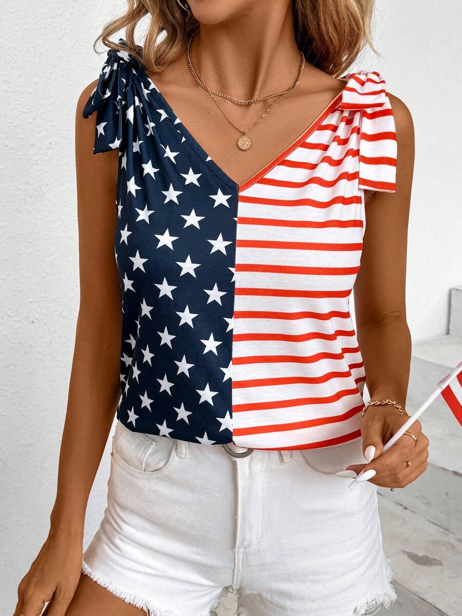 SHEIN Essnce Camiseta simple de mujer con rayas y estampado de estrellas para uso diario en el Día de la Independencia de Estados Unidos