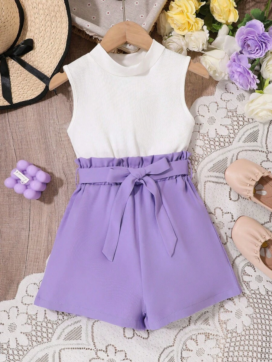 SHEIN Conjunto de 2 piezas para niña preadolescente de verano informal con top de unicolor y pantalones cortos con cintura de bolsa de papel