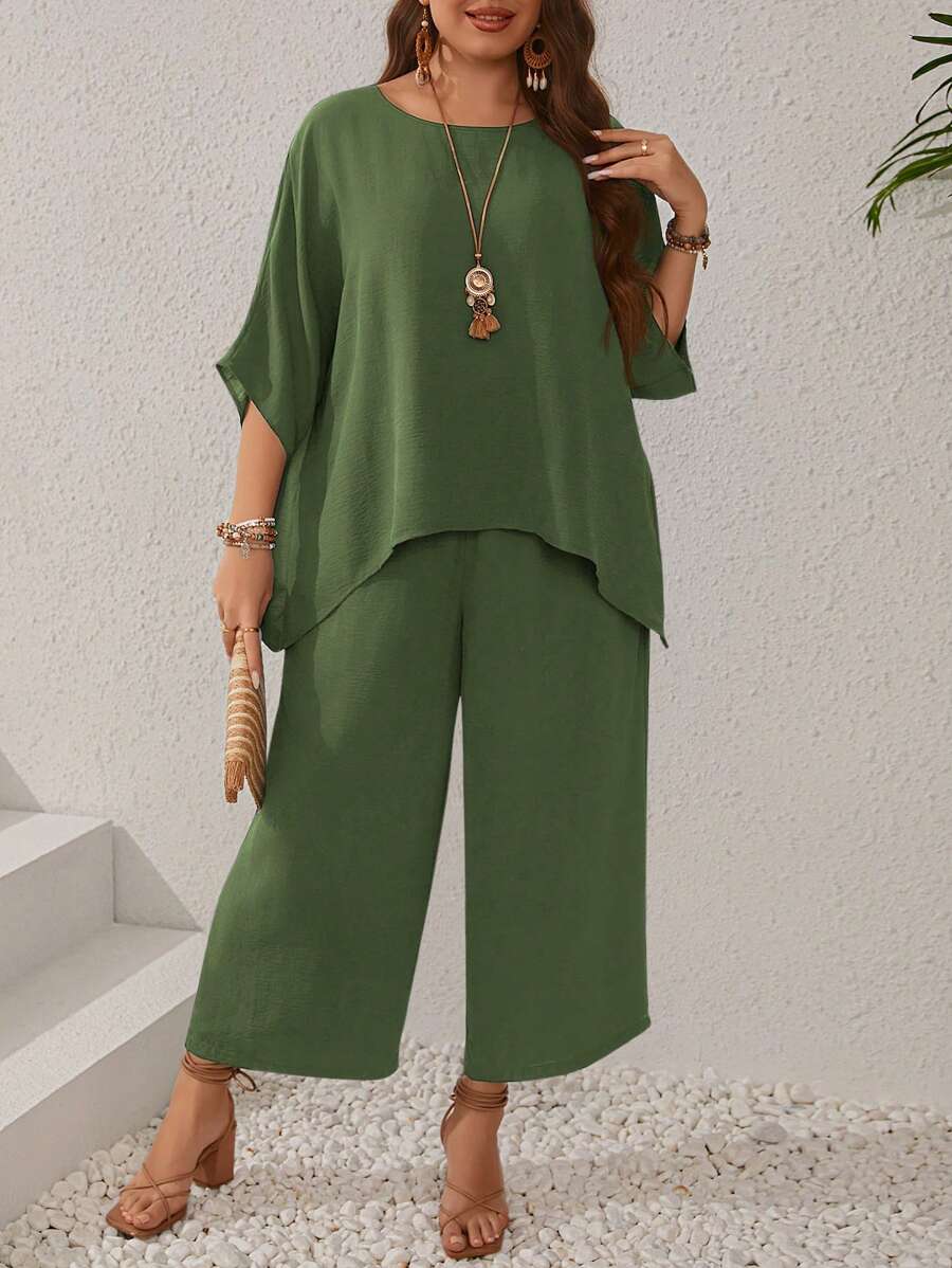 EMERY ROSE Ensemble de chemise à manches chauve-souris pour femmes grandes tailles bleu foncé à encolure ronde et de pantalon large avec poches pour l'été