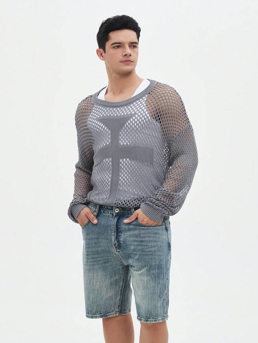 Manfinity EMRG Men's Crochet Simple Solid Color Hollow Out Long Sleeve Knitwear