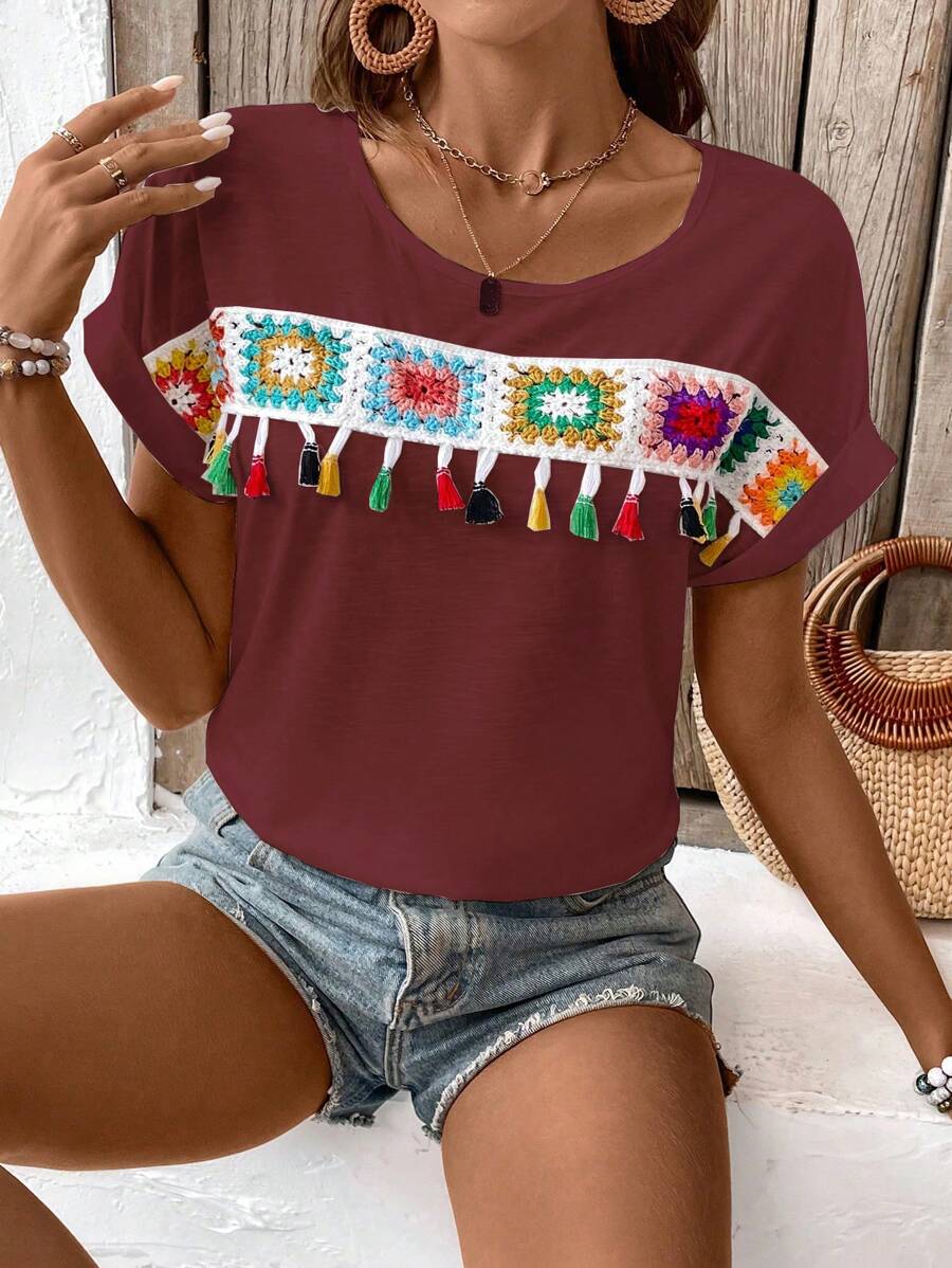 Breezaya Camiseta informal de manga corta y cuello redondo con flecos estampado de flores para las vacaciones de verano de la mujer