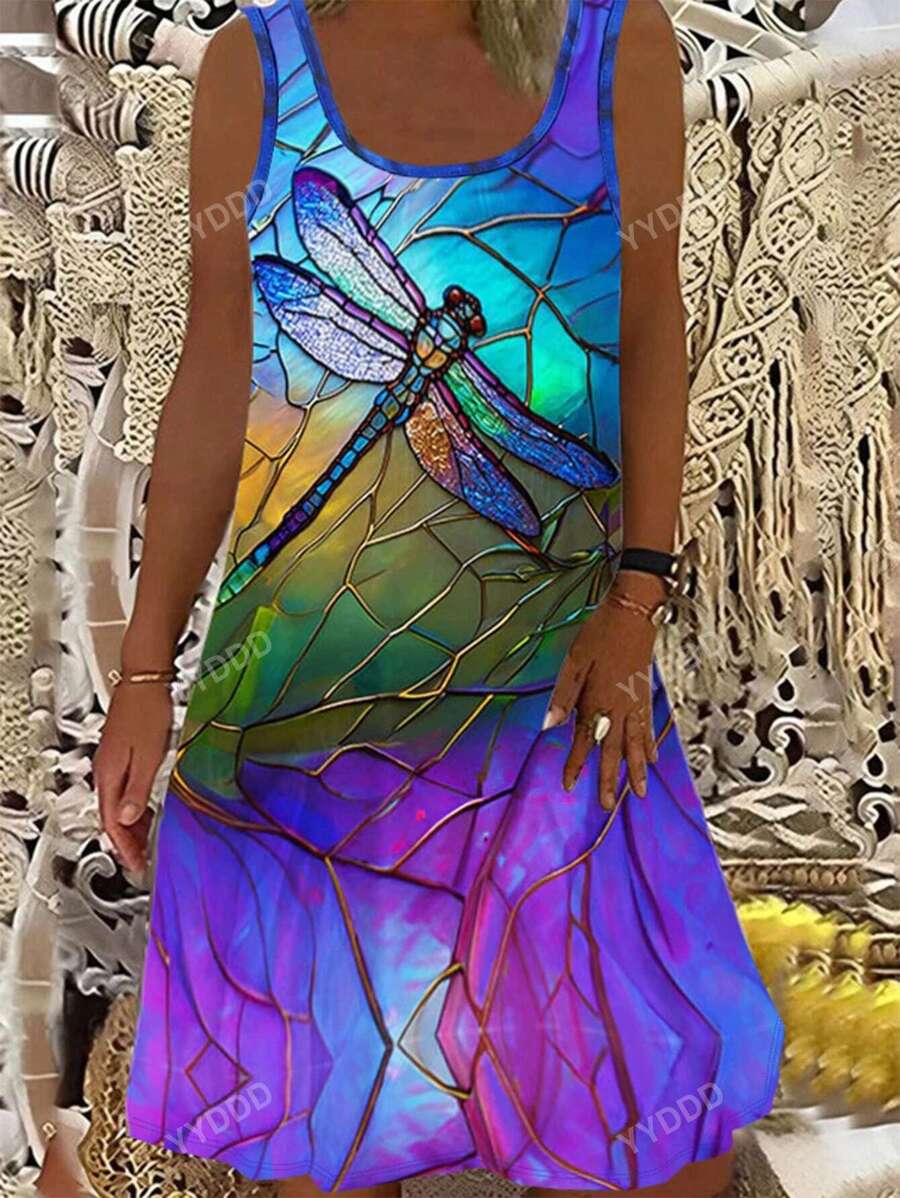 Vestido casual sin mangas para primavera y verano con estampado de libélula y talla grande, ropa de talla grande para mujeres