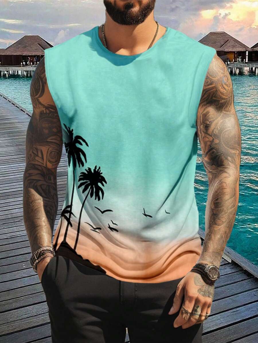 ResortEase Men's Plus Size Coconut Tree Beach Printed Casual Vacation Colorful Sleeveless Tank Top, For Summer