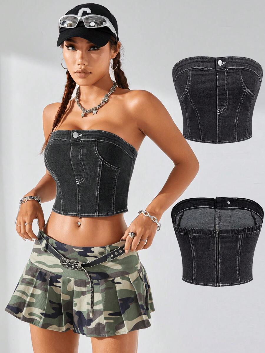 SHEIN EZwear Modny, dżinsowy top o dopasowanym kroju z blokami kolorów i dżinsowym topem, odpowiedni do wiosennych i letnich strojów