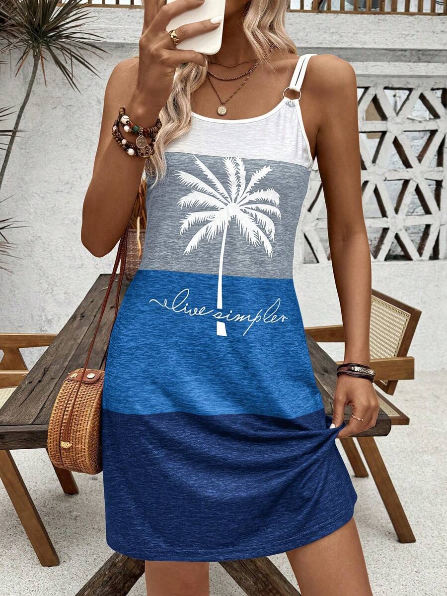 EMERY ROSE Dual Strap Circle Embellished Color Block Print Holiday Dress Vacation Beach Outfits Women