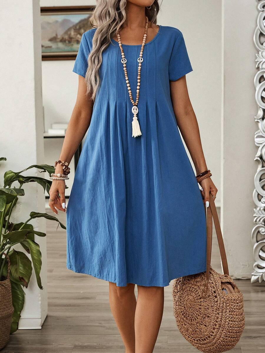 EMERY ROSE Women's Summer Pleated Short Sleeve Casual Dress Linen Dress