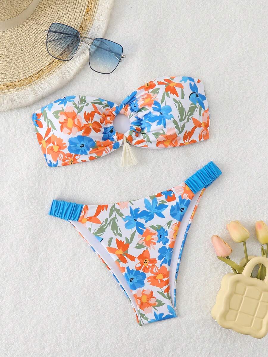 Swim Lushoire Conjunto de bikini sexy con estampado floral y escote halter para mujer en verano