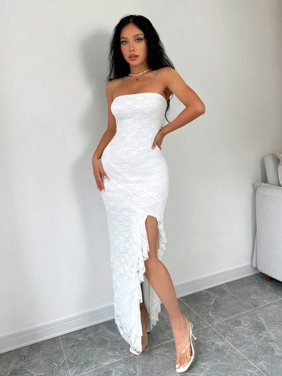 Rafferiza Women Fashionable Solid Color Split Front Strapless Dress
