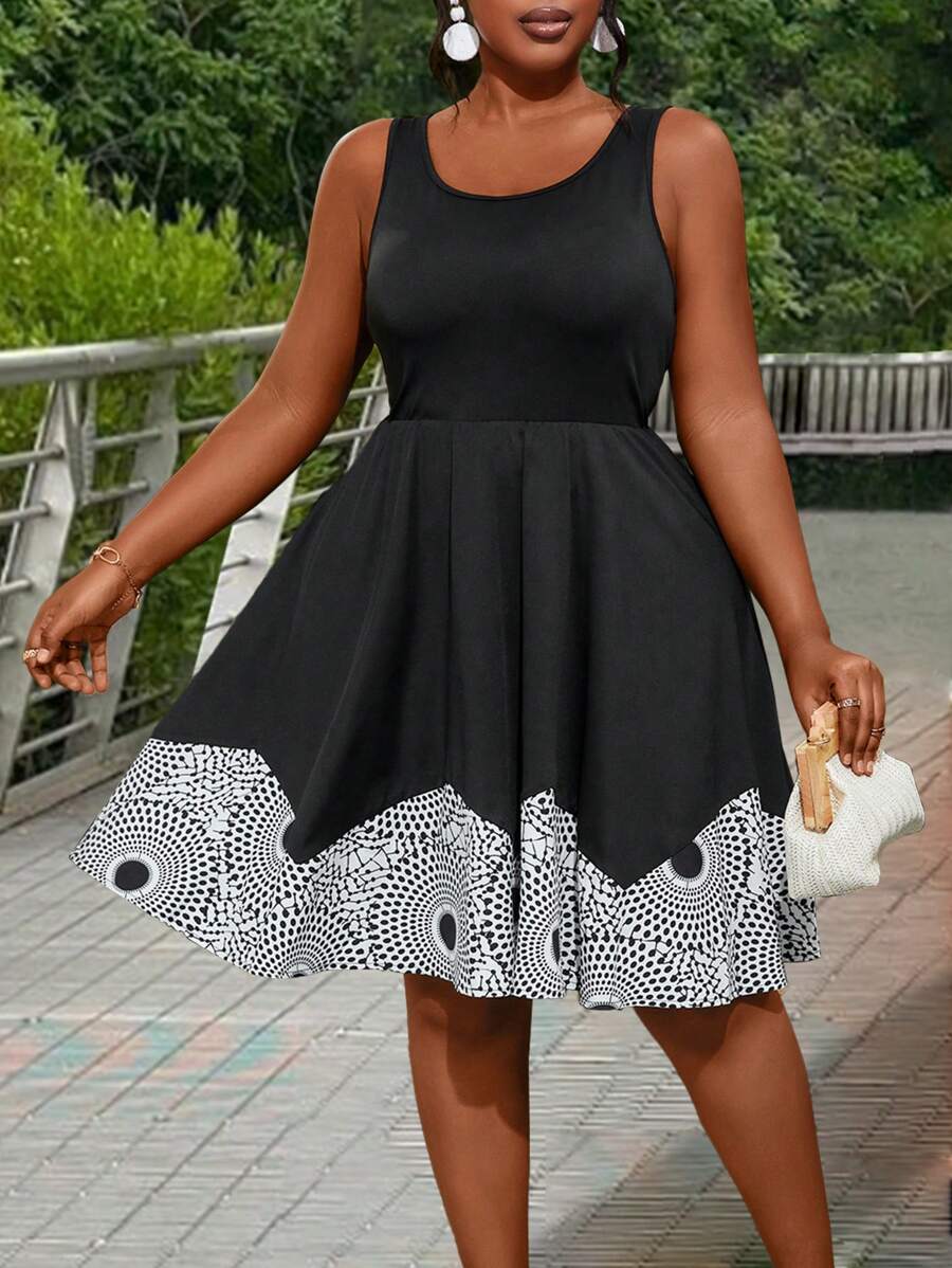 Maweii Plus Size Women Geometric Printed Sleeveless Casual Dress With Round Neckline, Summer