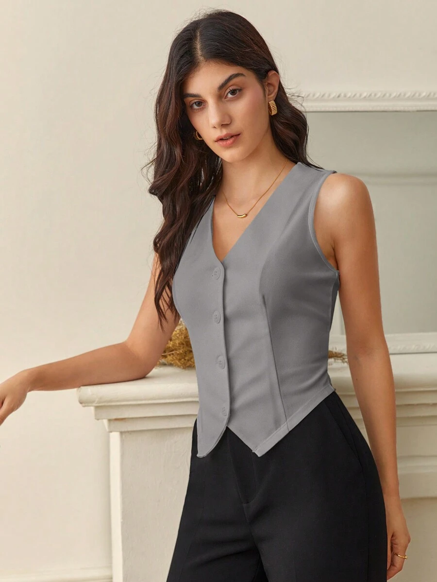 SHEIN Tall Ladies' Solid Color Sleeveless Blazer With Single Breasted, Everyday Wear