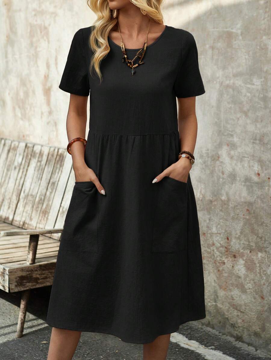 EMERY ROSE Women's Spring Round Neck Short-Sleeve Dress With Pockets And Doll Pattern