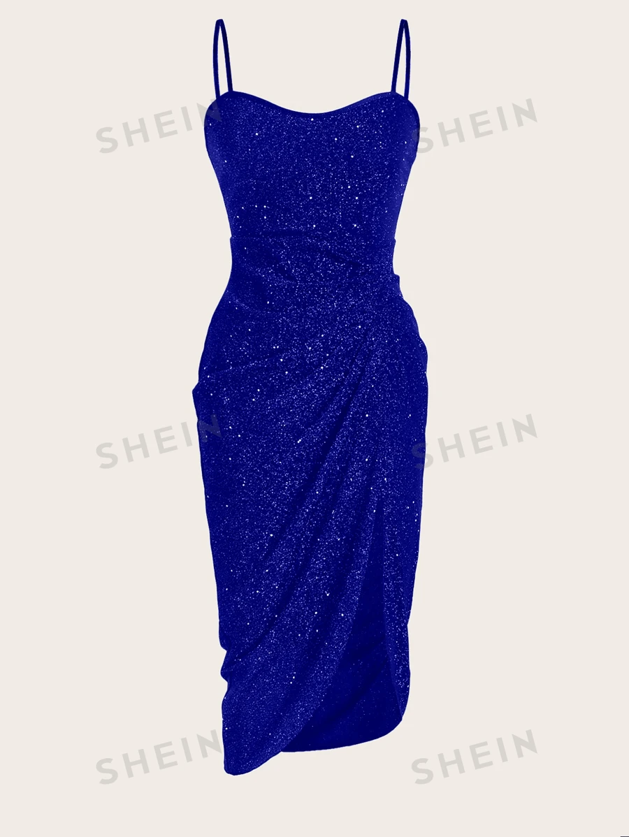 VaVaBold Vestido Maxi con efecto brillante, cuello halter, espalda descubierta, con abertura y plisados, color negro, para mujer