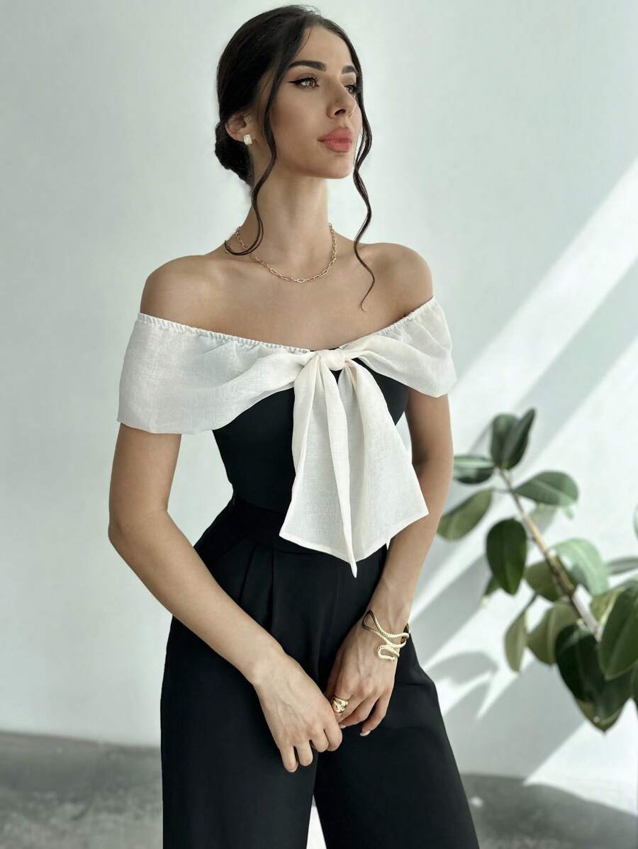 Firerie Dames off-shoulder strik taille slanke pasvorm elegante bodysuit met stropdas