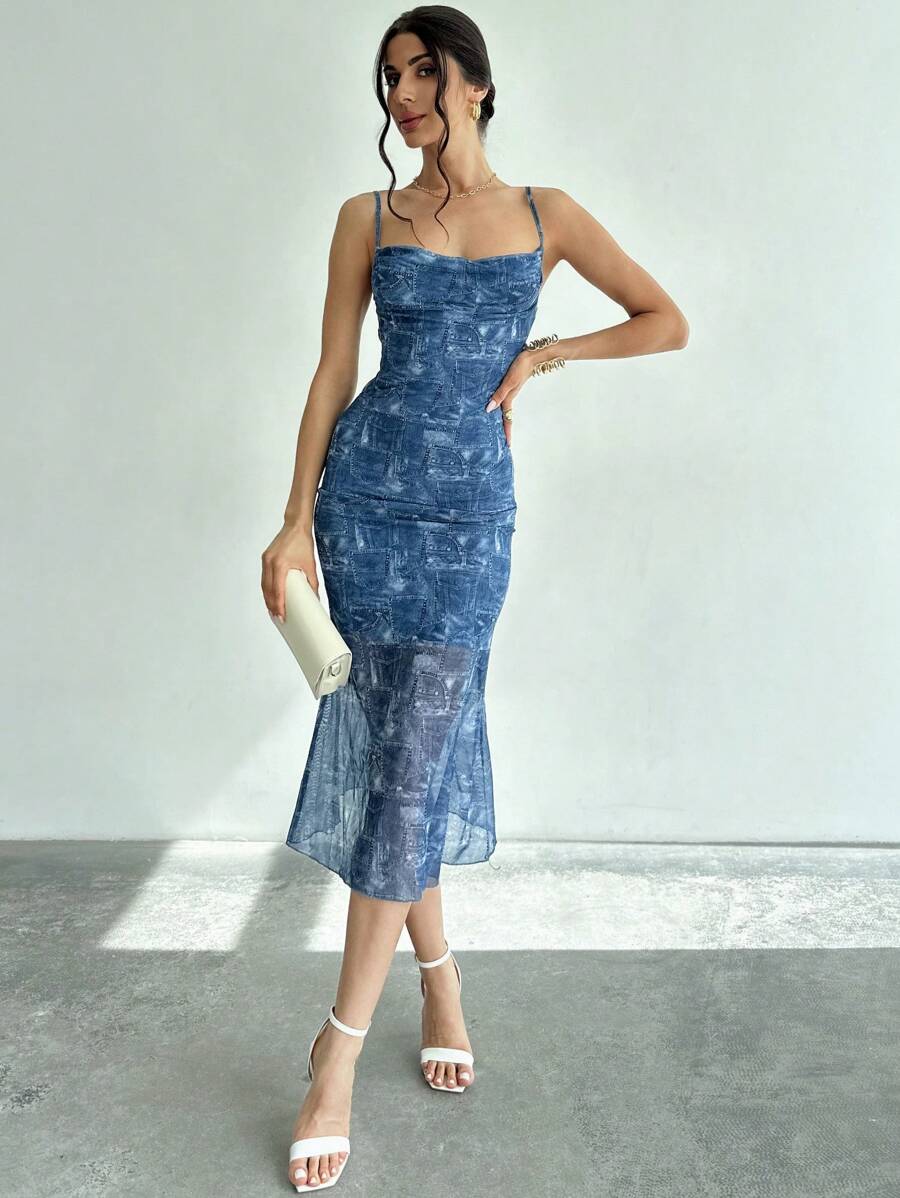 Firerie Elegante vestido de malla con cuello de tirantes, ajuste delgado y estampado floral para mujer, ideal para vacaciones y citas