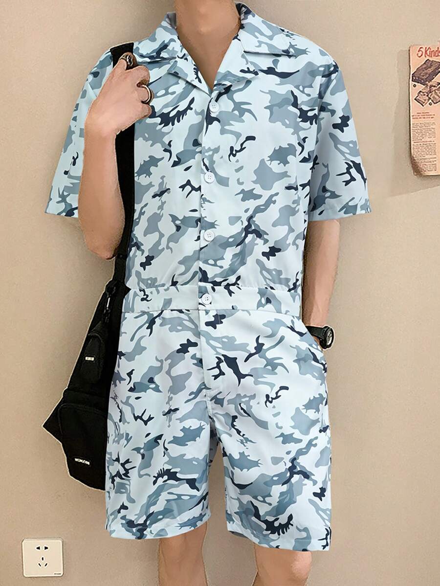 Manfinity Hypemode Men's Summer Camouflage Print Short Sleeve Casual Shirt Romper