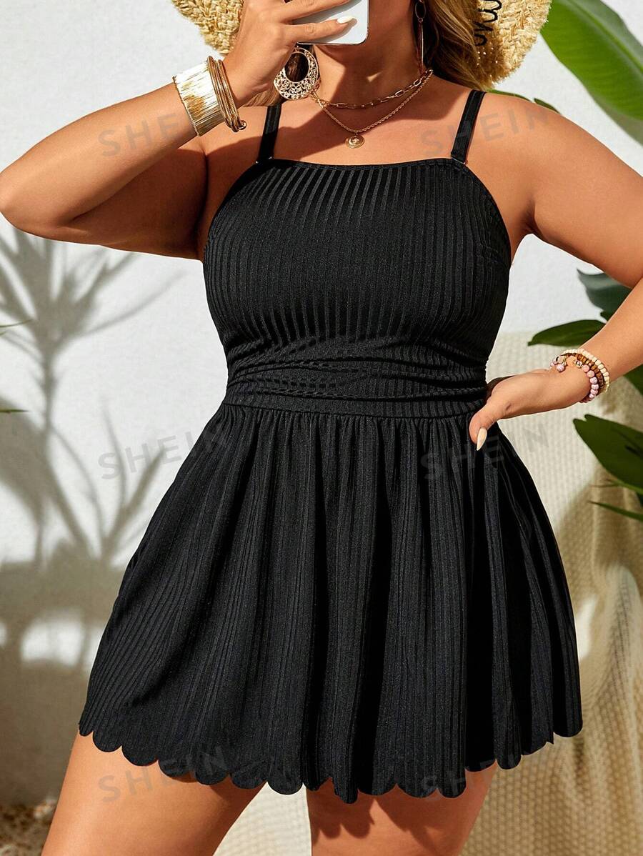 Swim Lushoire Vestido de baño de talla grande con tirantes finos sólido de verano con dobladillo de concha y bikini inferior, adecuado para usar en la piscina