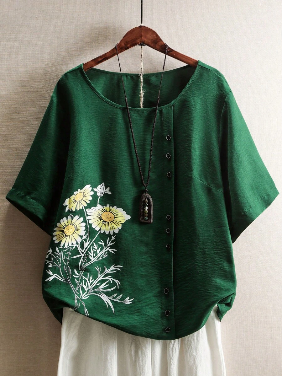 Plus Size Round Neck Floral Summer Casual Shirt