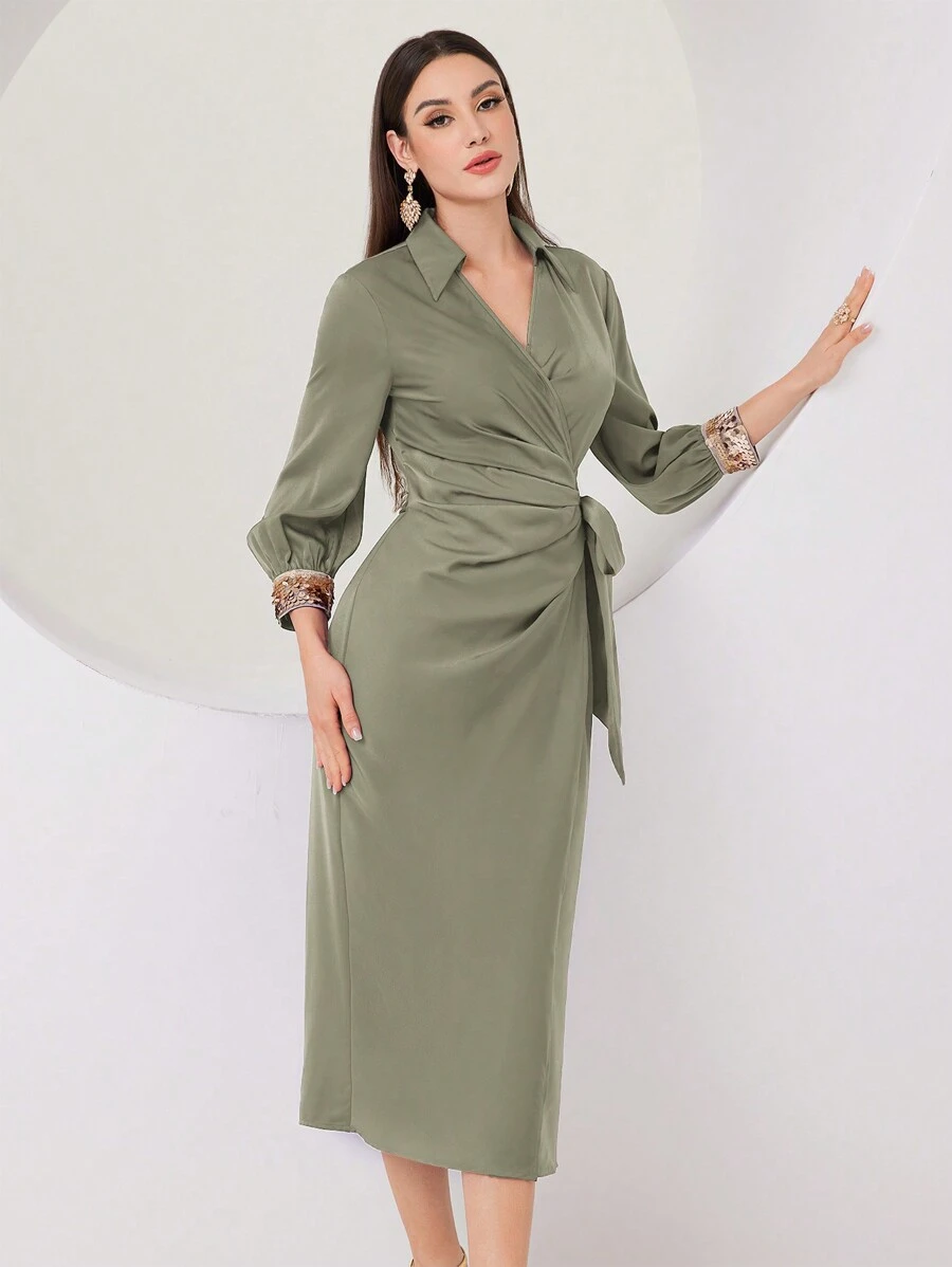 Modelyn Women's Glitter Lace-Up Pleated Solid Color Long Sleeve Dress For Daily Wear Long Evening Dresses