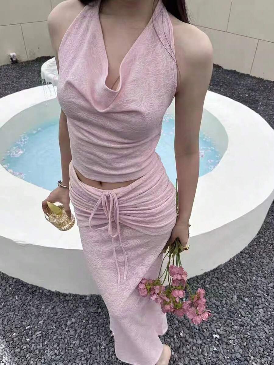 Flirla Women Summer Halter Neck Sleeveless Top With Drawstring Waist Long Skirt 2pcs Casual Set