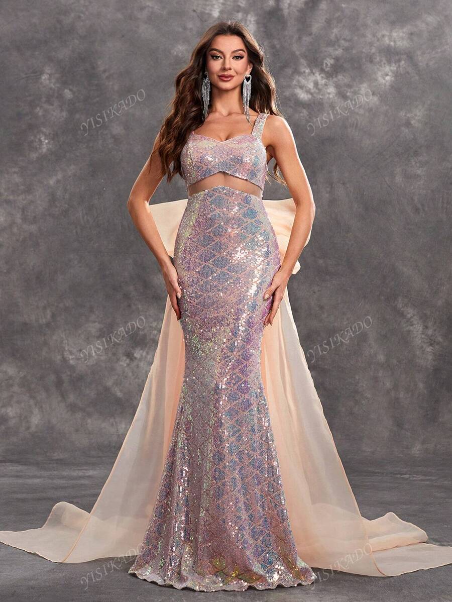 YISIKADO Vestido de noche elegante y formal para mujer con cuello corazón, espalda descubierta, lazo en la espalda, estilo sirena de tul y lentejuelas de lujo, ideal para graduación, cena