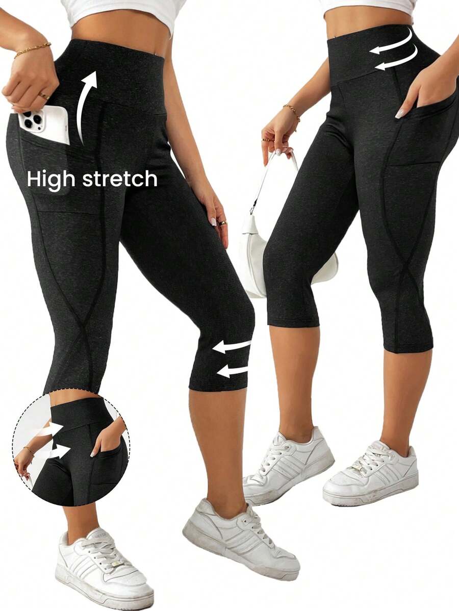 SHEIN Essnce Vrouwen Hoge taille Capri Leggings Met Zakken , Buik controle , Niet-transparant , Training & Yoga Broek