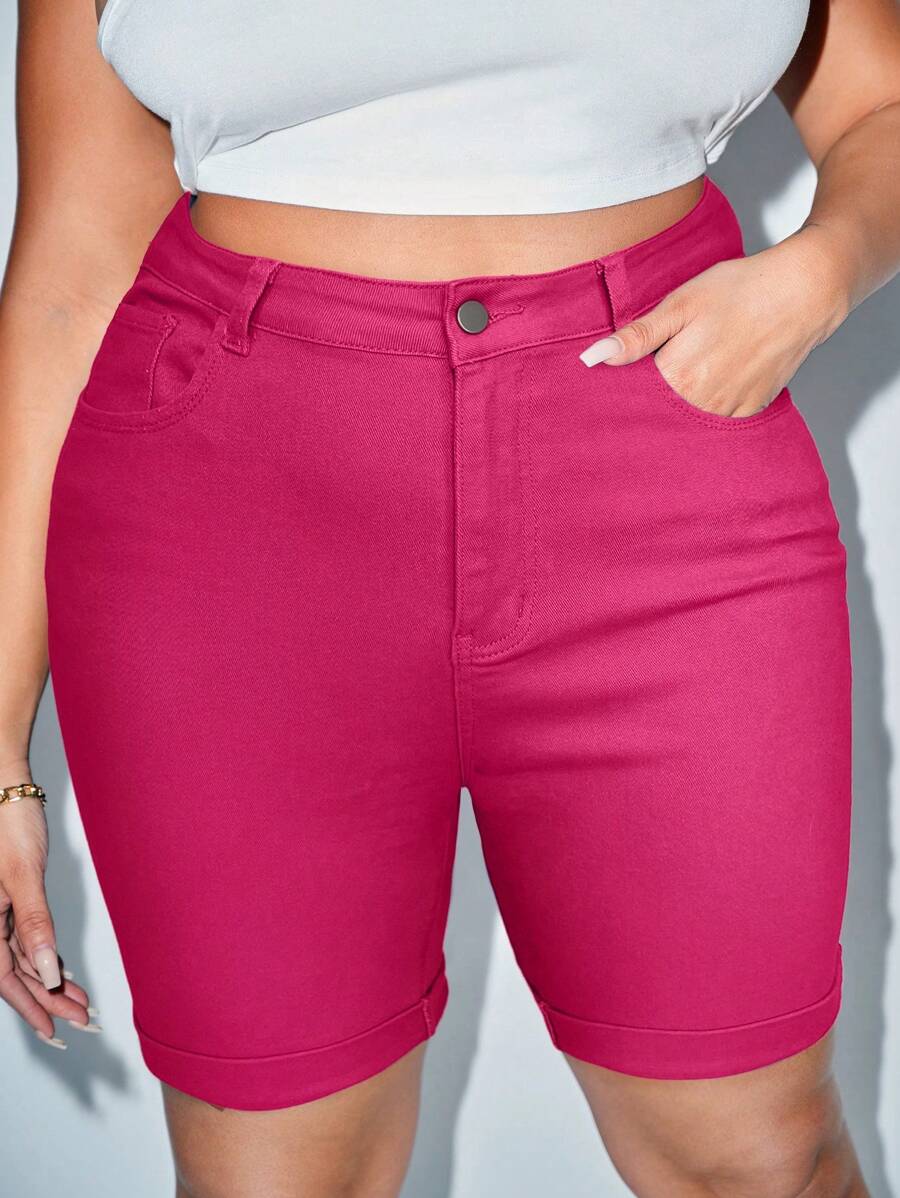 SHEIN SXY Plus Size Women Solid Color Simple Daily Wear Denim Shorts