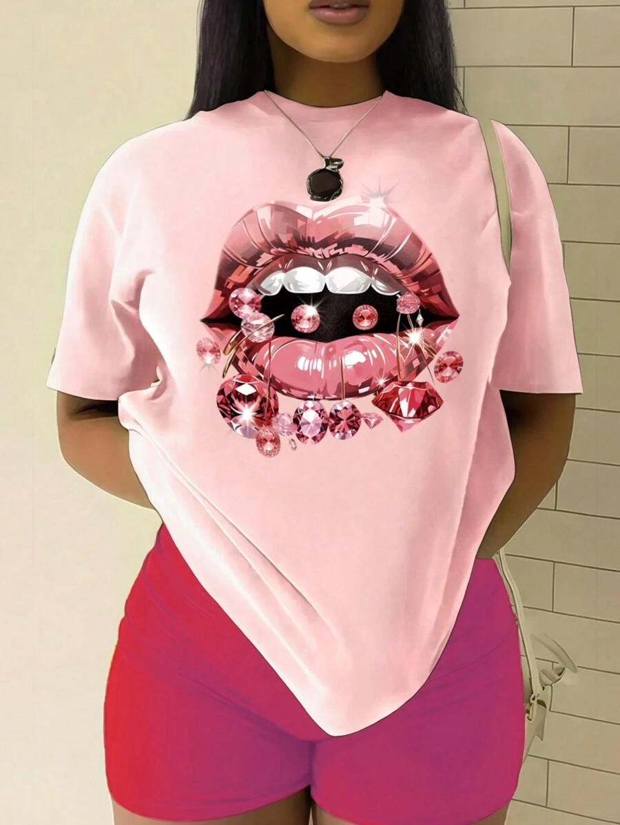 Calvaya Women's Diamond Lips Printed T-Shirt
