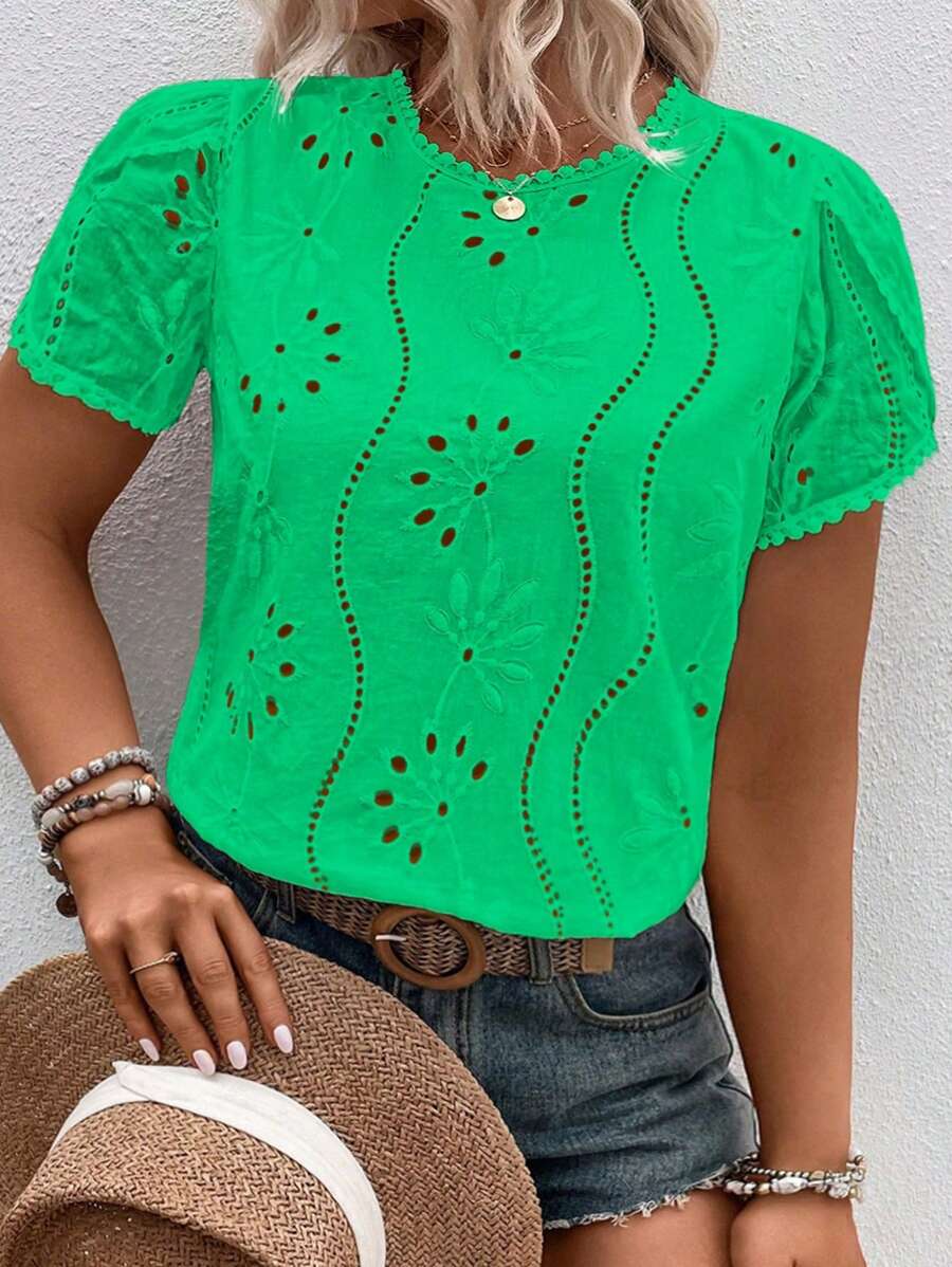 Linhara Plus Size Solid Color Hollow Out Embroidered Short Sleeve Shirt Summer