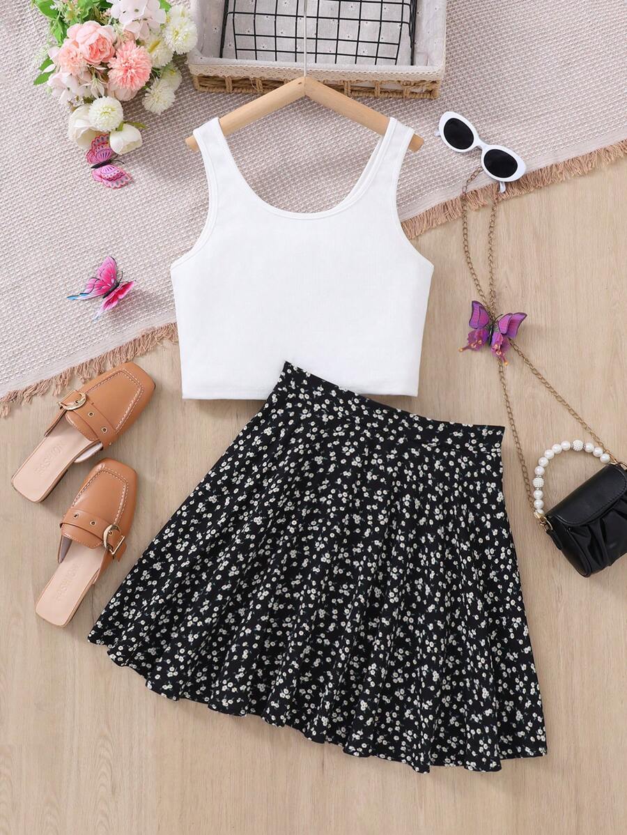 SHEIN Conjunto informal de 2 piezas para niña adolescente, con top de punto de cuello en U y falda de gasa con estampado floral menudo