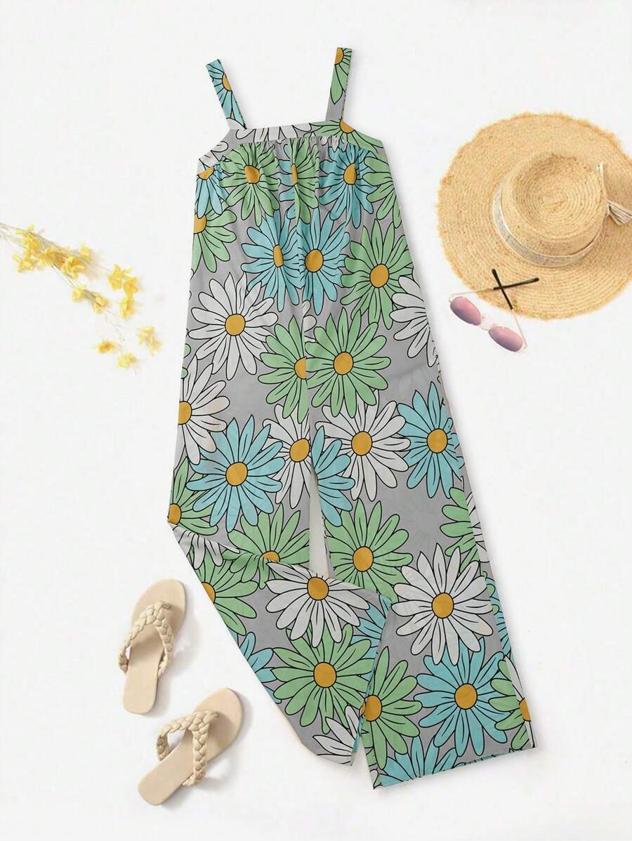 SHEIN LUNE Mouwloze jumpsuit met wijde pijpen en bloemenprint voor vakantie en vrije tijd