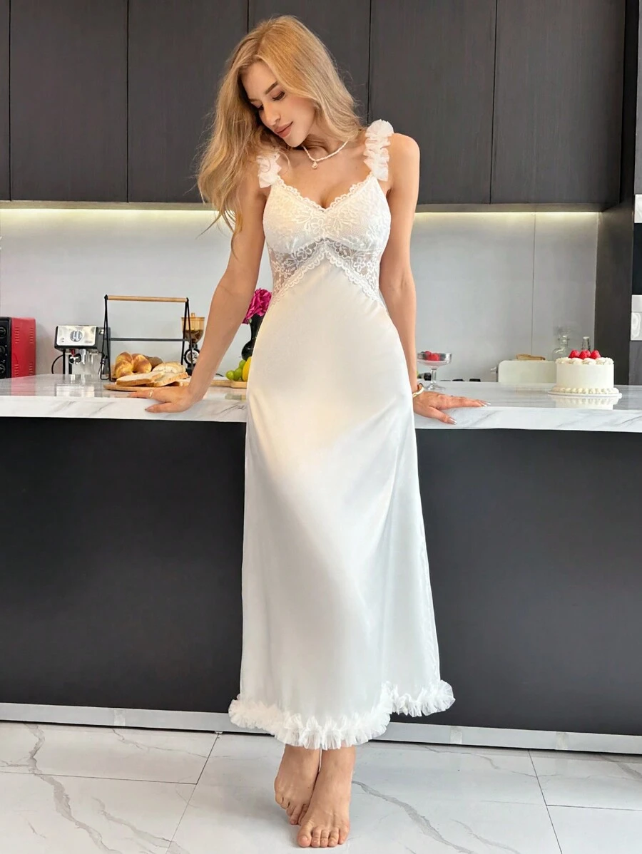 Vestido largo de pijama de satén con encaje y adornos de flores 3D, lujoso atuendo de descanso, para vacaciones