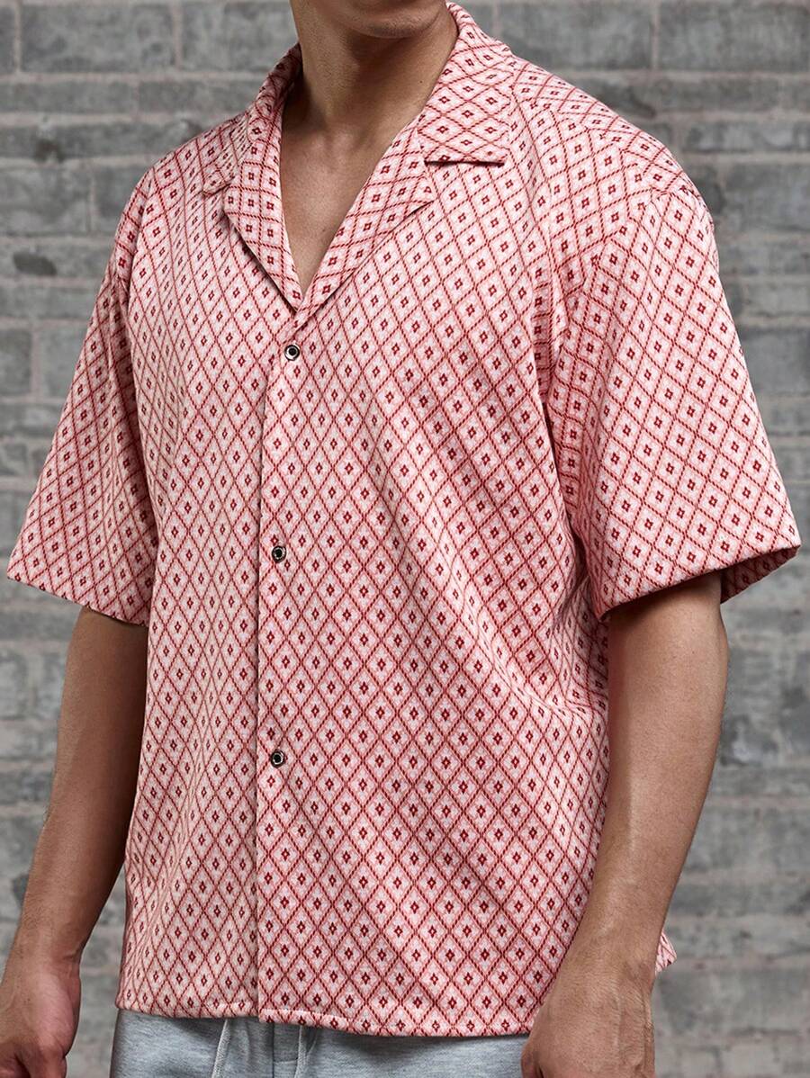 Manfinity Chillmode Camisa casual para hombre con estampado de manga corta y cierre de botón sencillo, ideal para primavera/verano