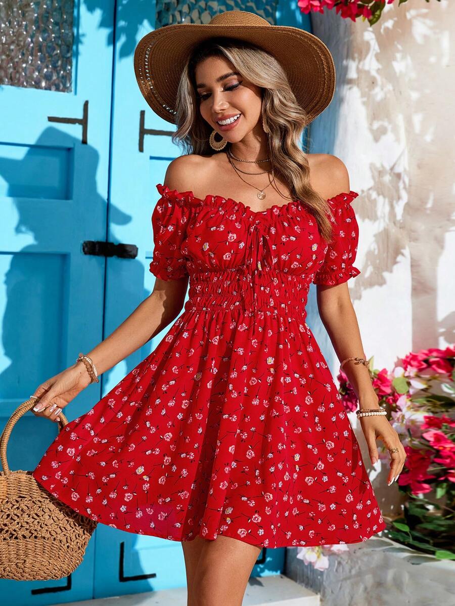 Vivid Eden Holiday Off Shoulder Ruffle Trim High Waist Beach Dress For Women, Summer,Sun Dress,Summer Clothing,Vacation Style,For Beach Vacation