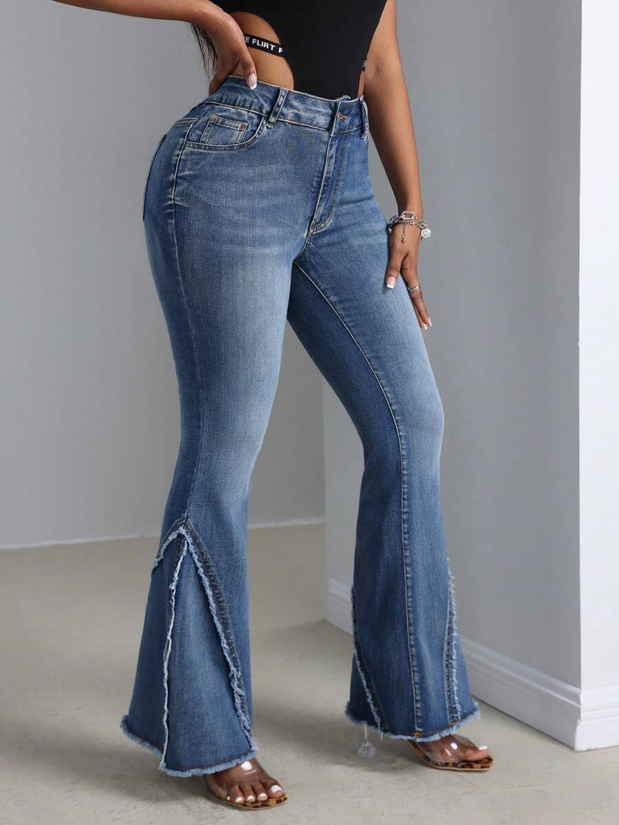SHEIN SXY Women's Casual Jeans With Pocket Insert And Frayed Hem Design
