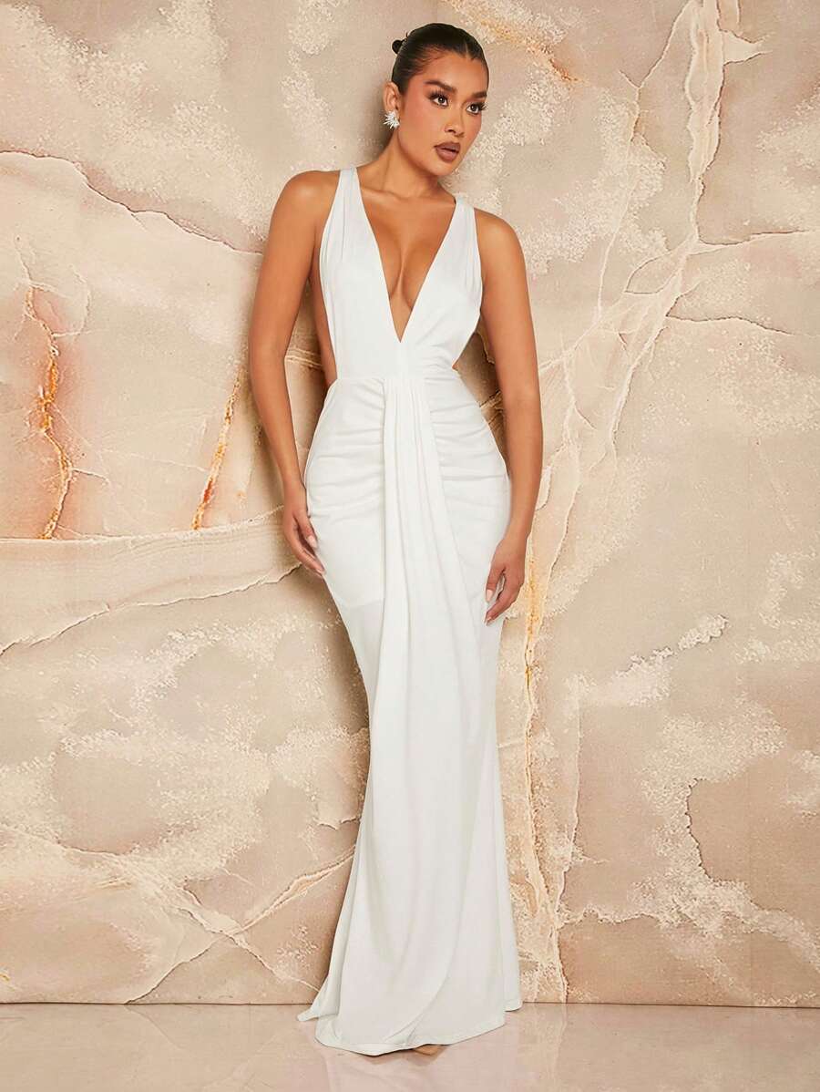 SHEIN Unity Vestido de sirena sólido y sexy para mujer con frunce, cruzado sin espalda para el verano