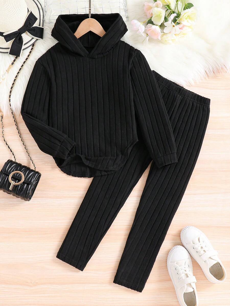 SHEIN Conjunto de duas peças de blusa e calça assimétricas com capuz e nervuras de malha para meninas pré-adolescentes