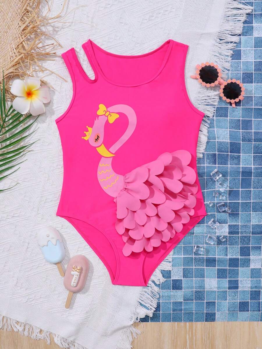 SHEIN Tween Girl Casualowy jednoczęściowy strój kąpielowy z wzorem łabędzia, lato