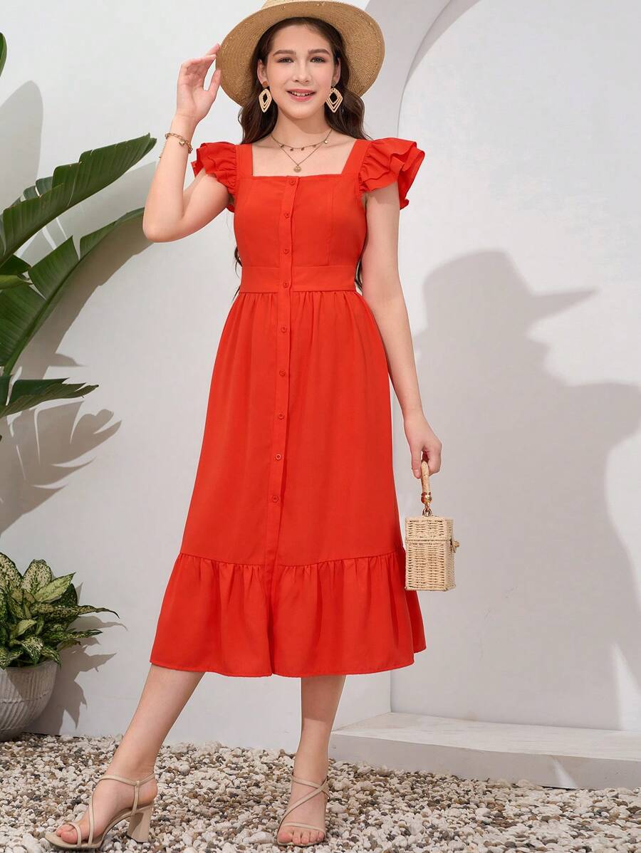 SHEIN Teen Girl Woven Ruffled Flutter Sleeve Open-Front Belted Holiday Dress
