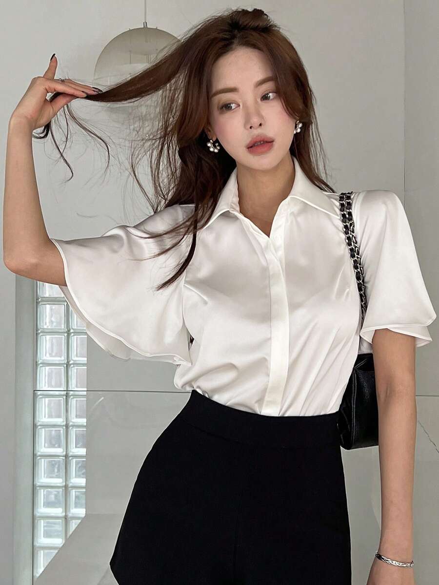 DAZY Camicetta in chiffon con fiocco al collo, di colore tinta unita, adatta per l'estate e l'ufficio, abbigliamento casual elegante per donne