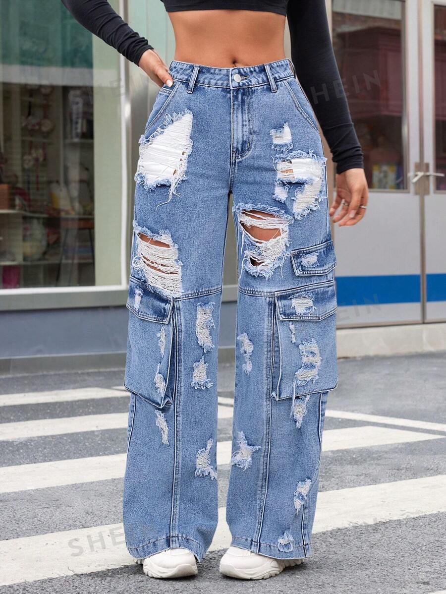 SHEIN ICON Vaqueros de pierna ancha rasgados y holgados para uso informal