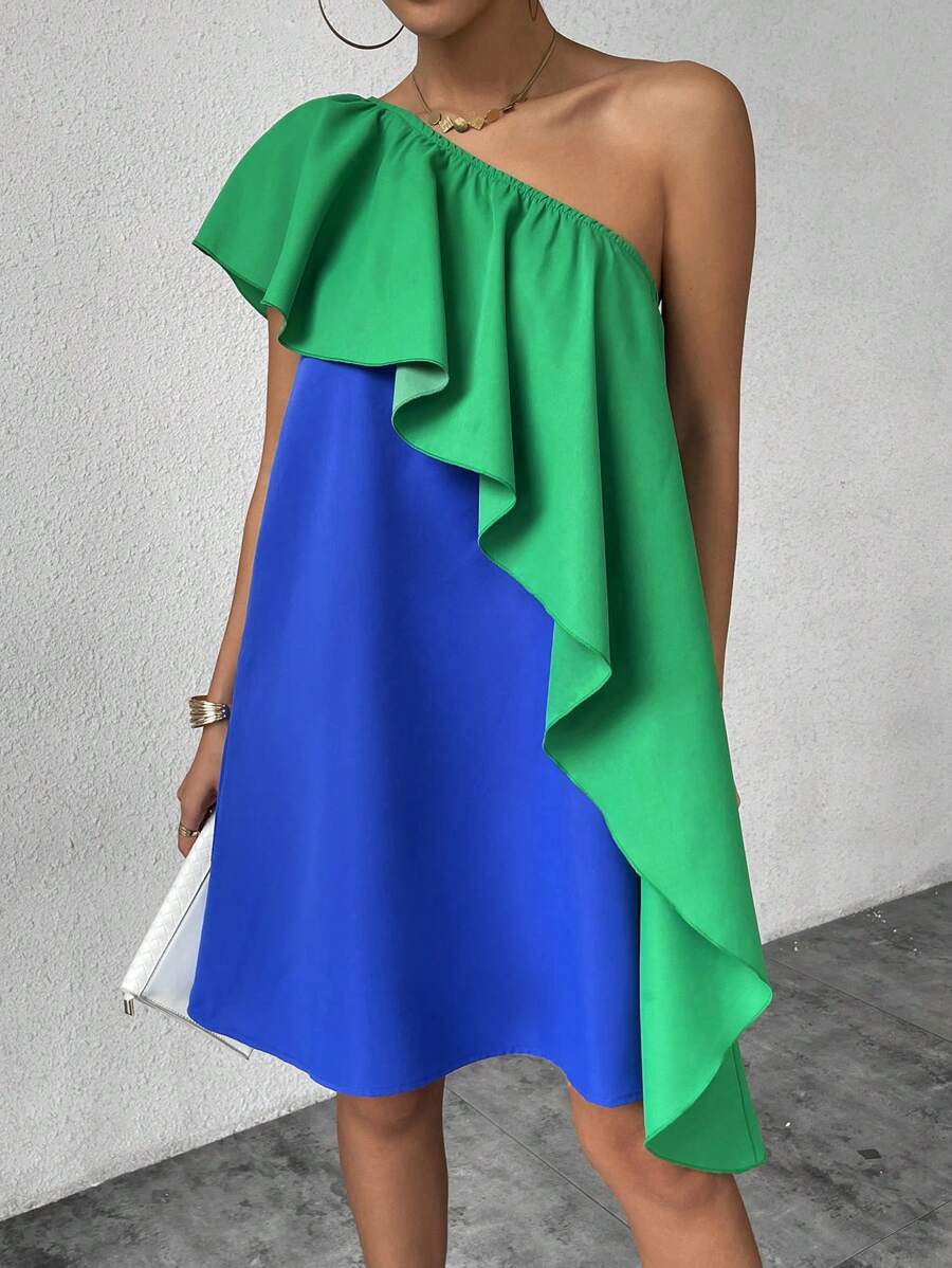Calvaya Robe d'été asymétrique avec encolure en bloc de couleur et ourlet à volants
