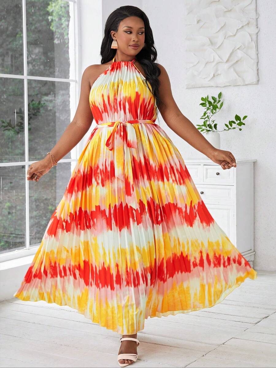 SHEIN Lady Vestido plisado con espalda descubierta y cuello halter sin mangas para mujer, talla grande, vestido de verano floral de gasa con empalme, adecuado para fiestas en la playa, vacaciones o eventos nocturnos