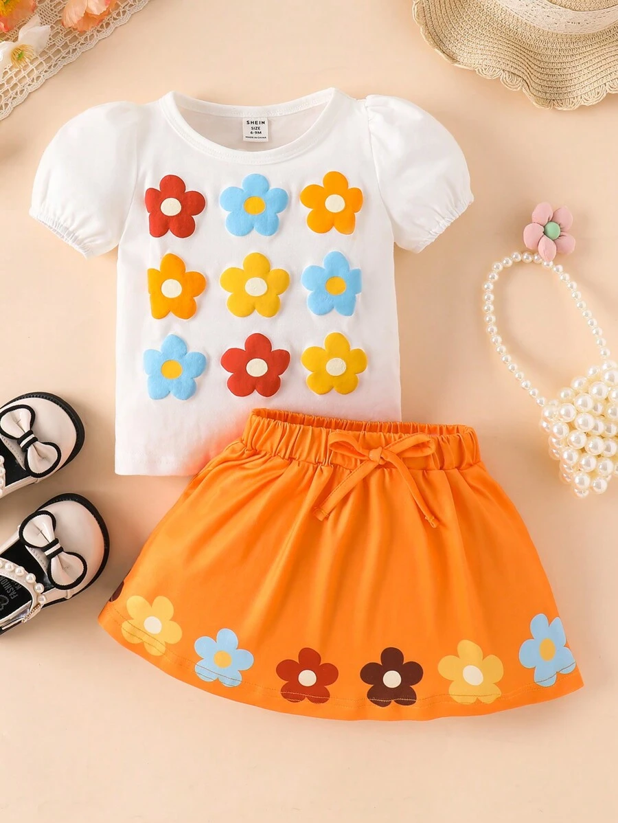 Baby Girl Cute Flower Foam Printed Puff Sleeve Top & Printed Skirt Set, Spring/Summer