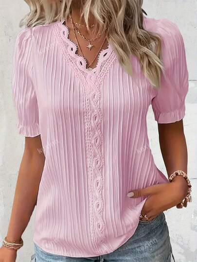 Spring/Summer Casual Solid Color Spliced Lace Trim Puff Sleeve Shirt