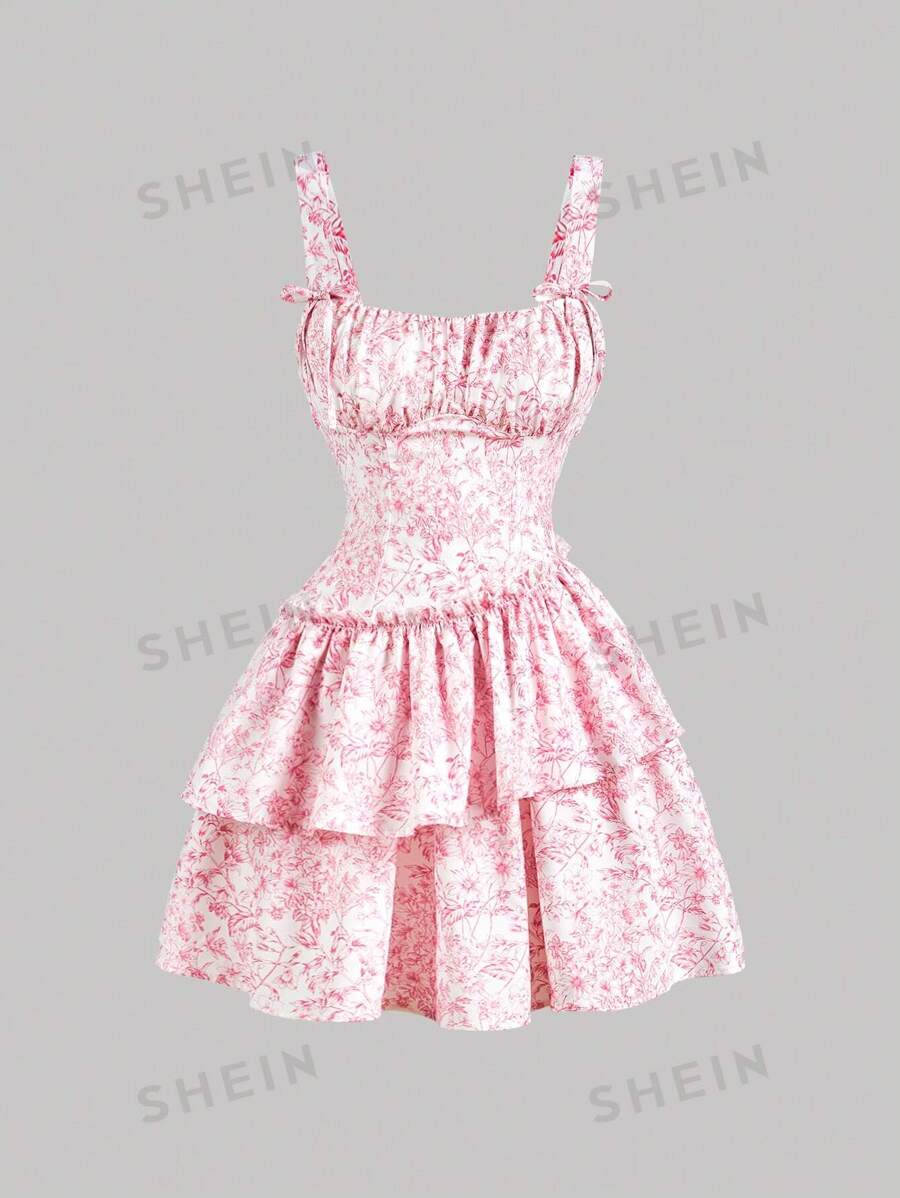 SHEIN MOD Vestido de verano con tirantes con estampado de porcelana azul y blanco, perfecto para unas vacaciones románticas